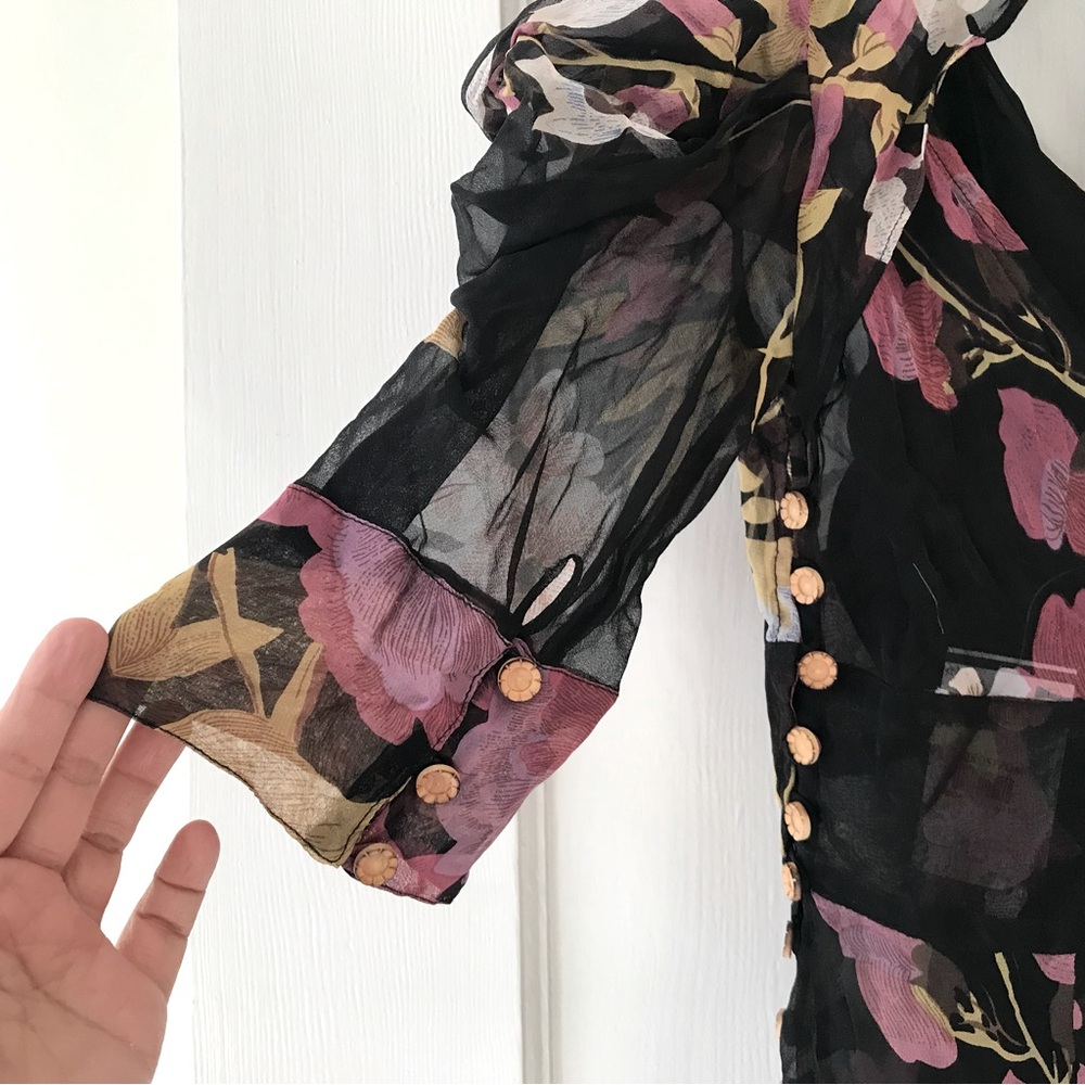 Tracy Reese | Black Botanical Floral Midi Dress 6 - Picture 6 of 10